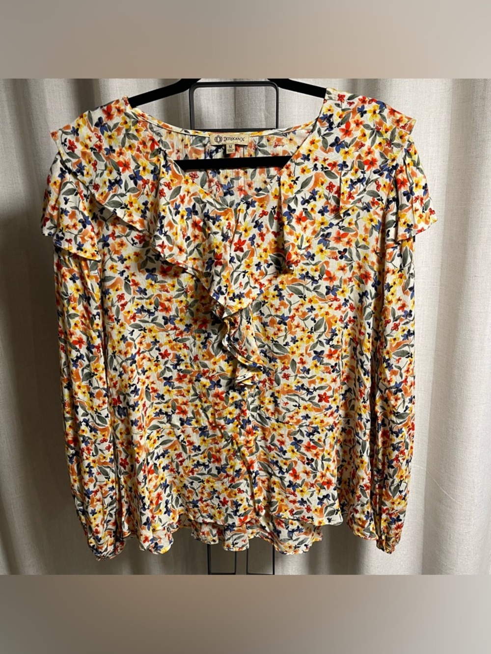 Democracy floral  Ruffle Front Long-Sleeve Top - Yellow Multi